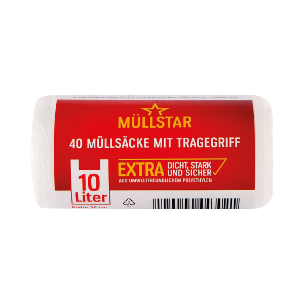 müllstar Müllsäcke 10 Liter, mit Tragegriff, extra dicht, stark und sicher, weiss/transparent, 36 x 44 cm, aus Polyethylen, 15.84m^2